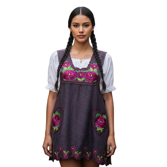 Mexican Folkloric apron embroidered  one of a kind HEART pockets - Picture 9 of 10